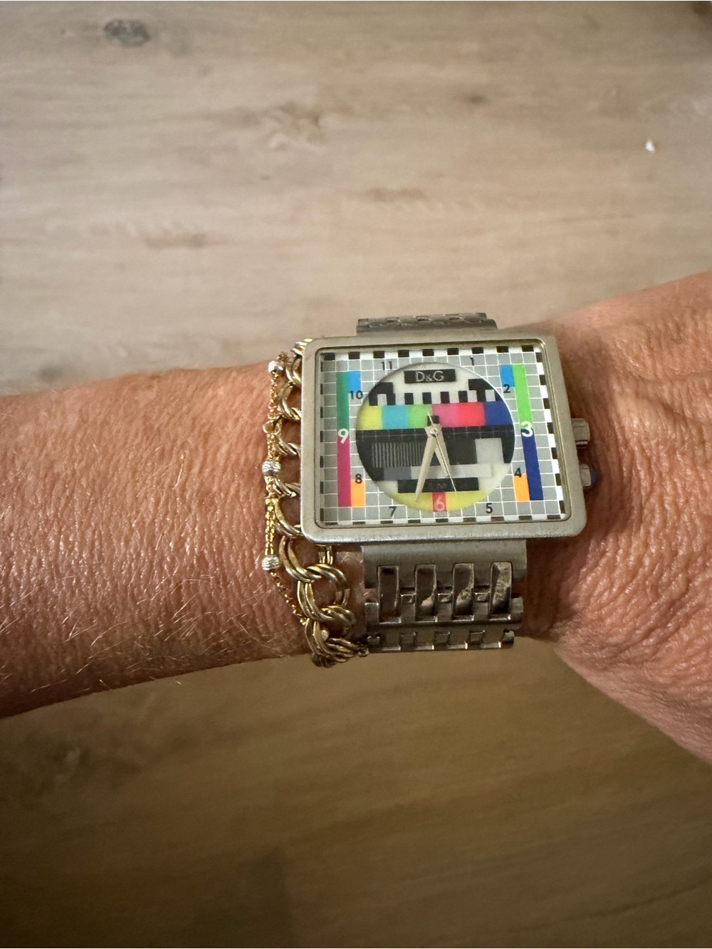 D&G Square TV Test Pattern Watch - Silver Bracelet with Multi-Color Dial